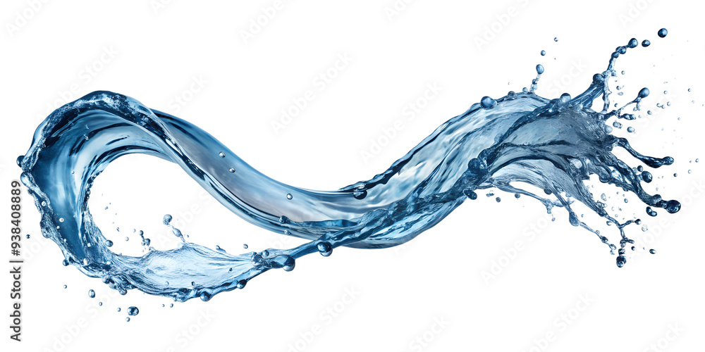 Curved blue water splash with intricate droplets, emphasizing movement and fluidity, isolated, transparent PNG file Curved blue water splash with intricate droplets, emphasizing movement and fluidity, isolated, transparent PNG file