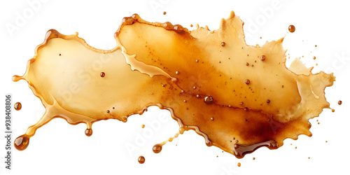 Large coffee spill with splashes and droplets, isolated for creative projects. Transparent PNG file.