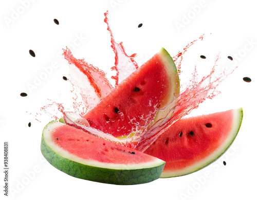 Watermelon Slices Exploding with Colorful Juice and Seed Scatter in Mid-Explosion Isolated on White Background