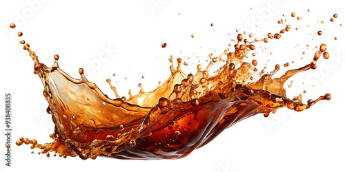Dark cola splash with droplets and fizzy bubbles, isolated. Ideal for beverage designs. Transparent PNG file.