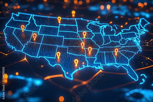  A high-tech, illuminated 3D map of the United States, showcasing various pinpoint locations across the country. The map is vibrant with blue lights highlighting the states' boundaries  photo