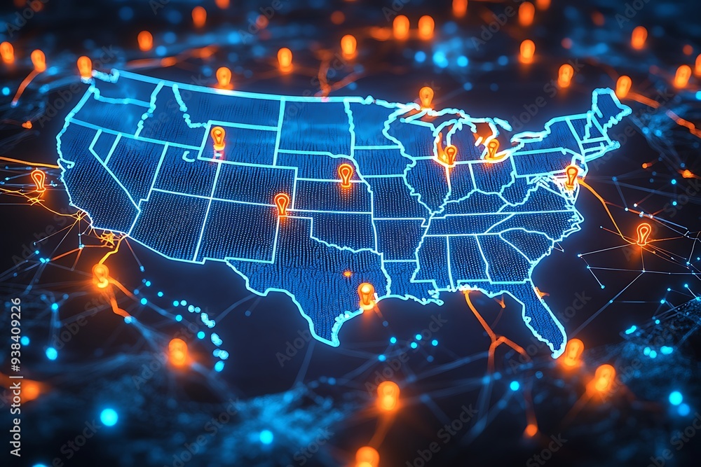 A high-tech, illuminated 3D map of the United States, showcasing various pinpoint locations across the country. The map is vibrant with blue lights highlighting the states' boundaries A high-tech, illuminated 3D map of the United States, showcasing various pinpoint locations across the country. The map is vibrant with blue lights highlighting the states' boundaries