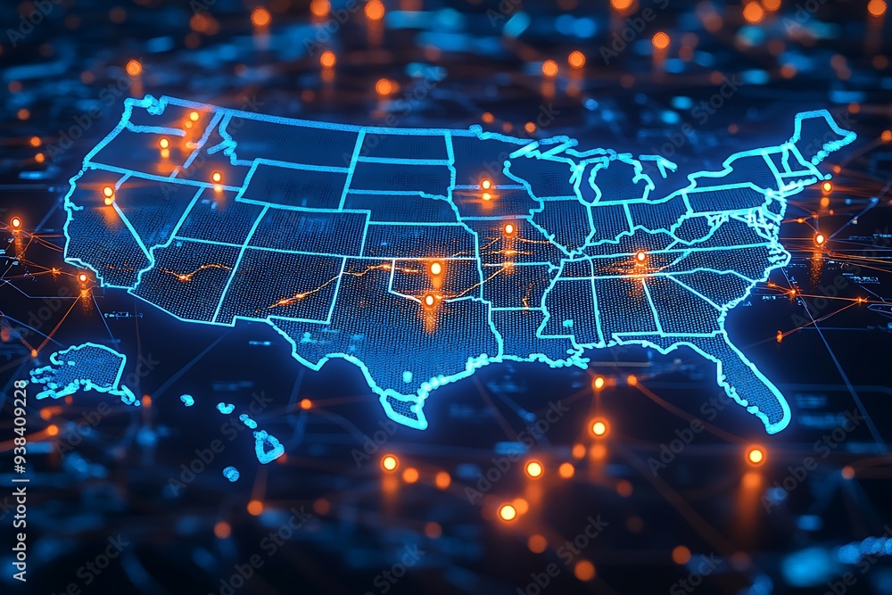 A high-tech, illuminated 3D map of the United States, showcasing various pinpoint locations across the country. The map is vibrant with blue lights highlighting the states' boundaries A high-tech, illuminated 3D map of the United States, showcasing various pinpoint locations across the country. The map is vibrant with blue lights highlighting the states' boundaries
