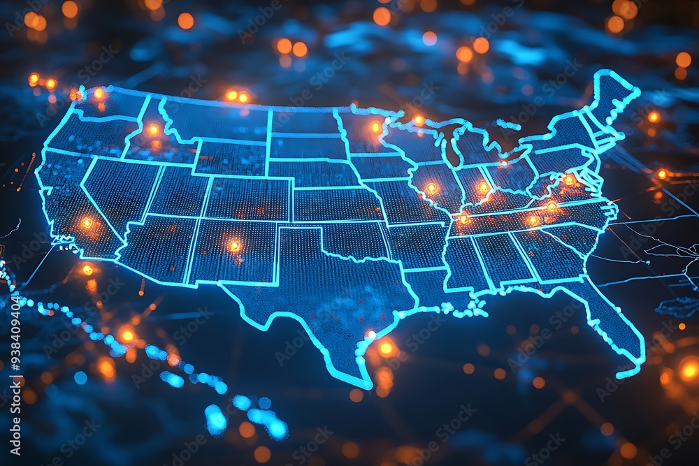 A high-tech, illuminated 3D map of the United States, showcasing various pinpoint locations across the country. The map is vibrant with blue lights highlighting the states' boundaries A high-tech, illuminated 3D map of the United States, showcasing various pinpoint locations across the country. The map is vibrant with blue lights highlighting the states' boundaries