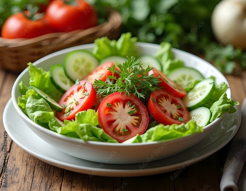salad with bright red tomatoes, crisp green lettuce leaves, and sliced cucumbers, arranged in a white bowl on a wooden table create with ai salad with bright red tomatoes, crisp green lettuce leaves, and sliced cucumbers, arranged in a white bowl on a wooden table create with ai
