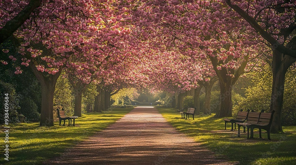 Fototapeta premium Colorful cherry blossom tree in full bloom ideal for serene and springtime-themed wallpapers