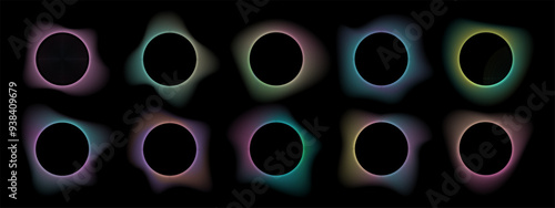 Set of gradients with blurred frames abstract shapes. Collection of futuristic glowing, neon colored with aura round liquid shapes for website design, banners . Vector illustration on black background