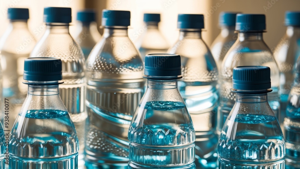 Several water bottles filled with clear liquid are neatly arranged, reflecting natural light Several water bottles filled with clear liquid are neatly arranged, reflecting natural light