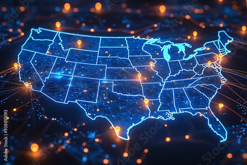  A high-tech, illuminated 3D map of the United States, showcasing various pinpoint locations across the country. The map is vibrant with blue lights highlighting the states' boundaries  photo