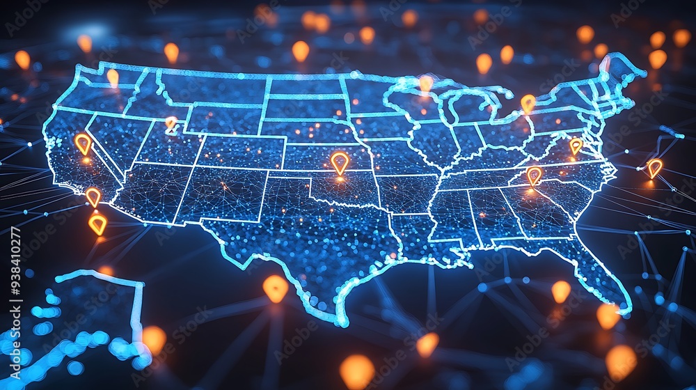 A high-tech, illuminated 3D map of the United States, showcasing various pinpoint locations across the country. The map is vibrant with blue lights highlighting the states' boundaries A high-tech, illuminated 3D map of the United States, showcasing various pinpoint locations across the country. The map is vibrant with blue lights highlighting the states' boundaries