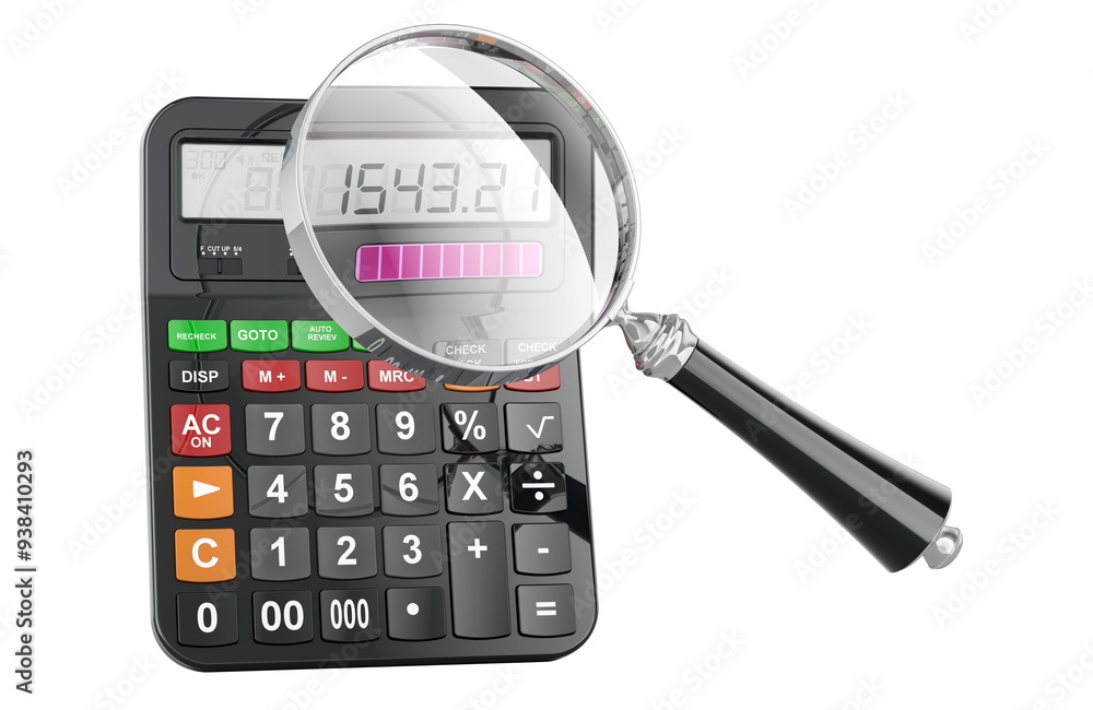 Calculator with magnifying glass, loupe. 3D rendering isolated on transparent background