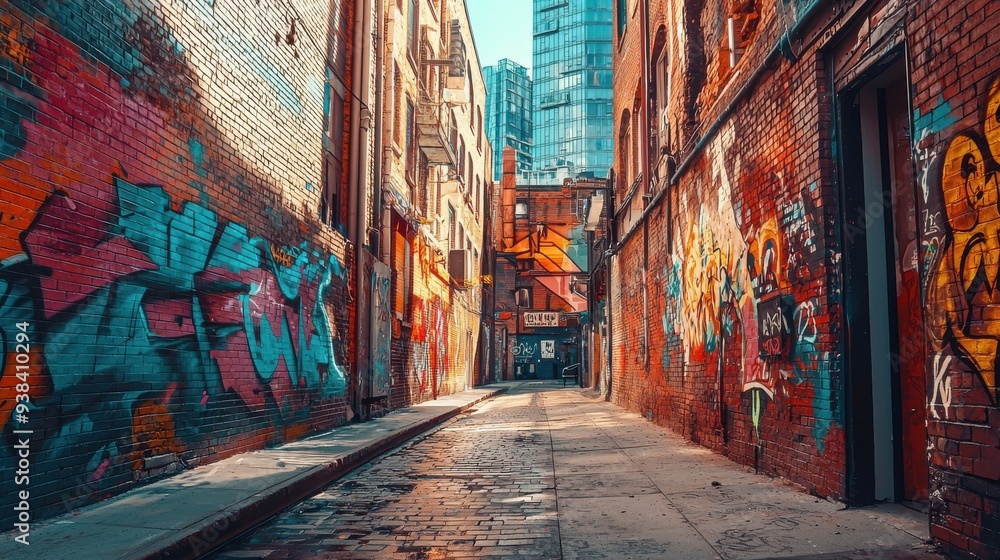 Fototapeta premium Urban Alleyway Graffiti Art. Buildings a