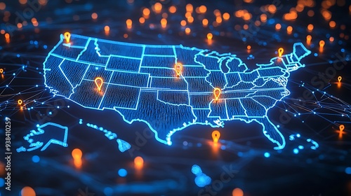  A high-tech, illuminated 3D map of the United States, showcasing various pinpoint locations across the country. The map is vibrant with blue lights highlighting the states' boundaries 