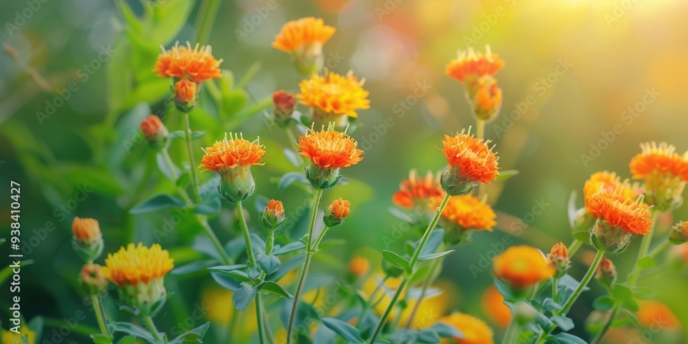 Flowers of Pilosella aurantiaca flourishing in a garden as summer begins Flowers of Pilosella aurantiaca flourishing in a garden as summer begins