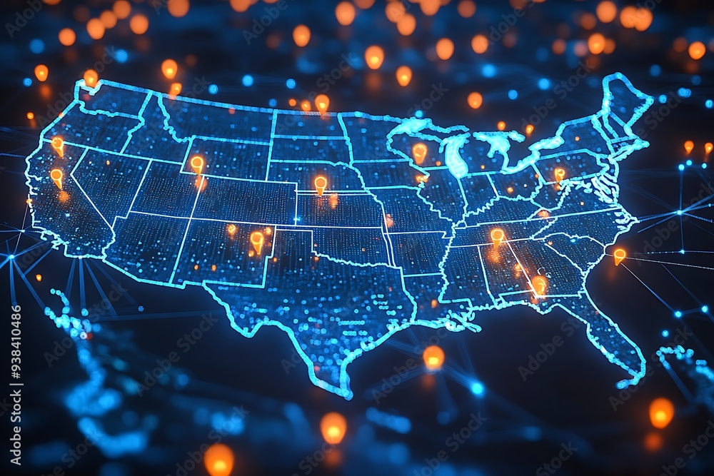 Obraz premium A high-tech, illuminated 3D map of the United States, showcasing various pinpoint locations across the country. The map is vibrant with blue lights highlighting the states' boundaries 