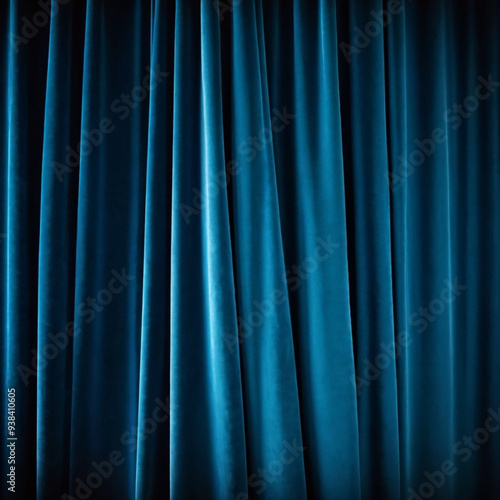 Curtain with soft smooth flowing folds. Deep blue color and luxurious texture create a dramatic and elegant atmosphere. Decoration and interior design. Expensive curtain made of rich fabric. AI