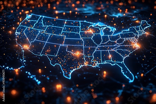  A high-tech, illuminated 3D map of the United States, showcasing various pinpoint locations across the country. The map is vibrant with blue lights highlighting the states' boundaries  photo