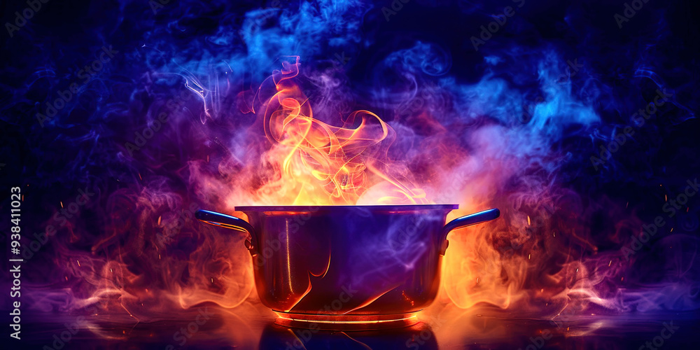Pot on fire on black background Pot on fire on black background