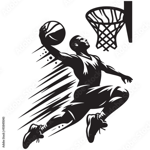 silhouette illustration of a basketball player performing a slam dunk