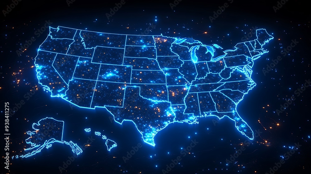 A high-tech, illuminated 3D map of the United States, showcasing various pinpoint locations across the country. The map is vibrant with blue lights highlighting the states' boundaries A high-tech, illuminated 3D map of the United States, showcasing various pinpoint locations across the country. The map is vibrant with blue lights highlighting the states' boundaries