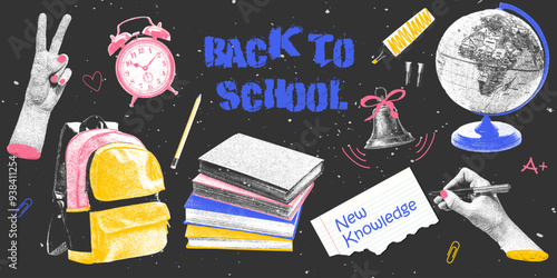 Retro futuristic Back to School vector illustration features backpack, globe, books, alarm clock, hands and school bell. Photocopy elements with negative halftone effect. Pursuit of knowledge concept.