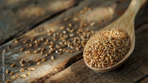 Close-up of spelt grains in a wooden spoon on a rustic wooden background.