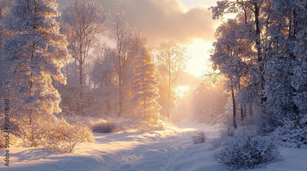 A snowy forest path leads through a winter wonderland at sunset. A snowy forest path leads through a winter wonderland at sunset.
