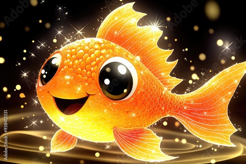 Cheerful goldfish swimming joyfully in sparkling water with a vibrant golden hue and playful expression photo