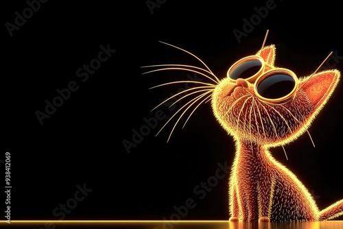 A stylish cat wearing sunglasses poses confidently against a black background with vibrant colors in a playful and fun atmosphere photo