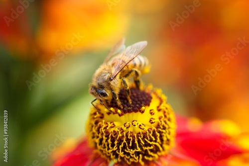 Macro photo of a bee on a red and yellow flower collecting pollen. High quality photo bee close photo sitting on a flower enthusiastic about collecting nectar. Bright summer photo with bees and