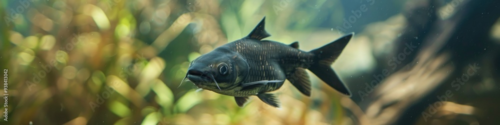 Blurry image of a dark catfish gliding through water in an aquarium Blurry image of a dark catfish gliding through water in an aquarium
