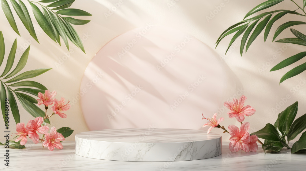 The elegant marble podium contrasts beautifully with the soft, colorful backdrop, creating a refined and fresh presentation space ideal for showcasing beauty products The elegant marble podium contrasts beautifully with the soft, colorful backdrop, creating a refined and fresh presentation space ideal for showcasing beauty products