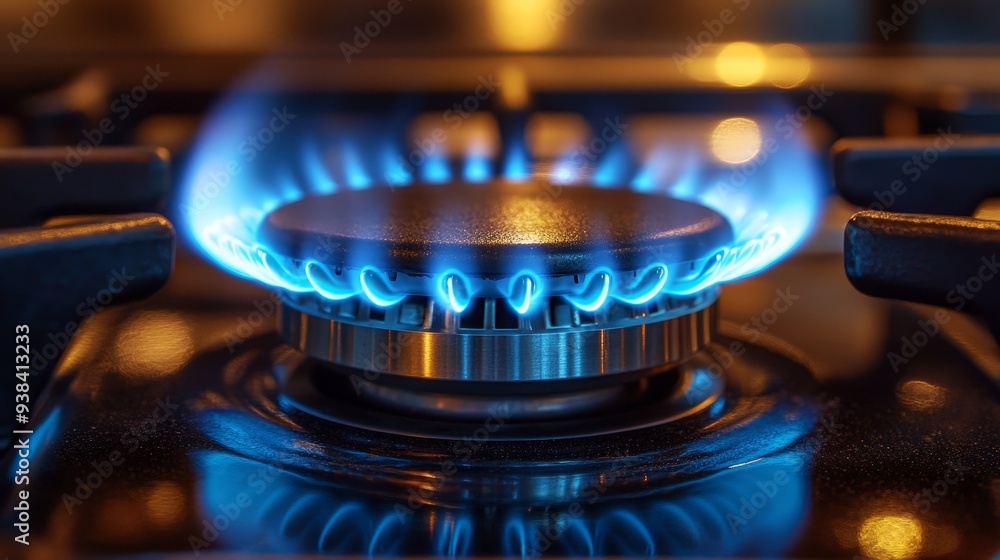 Close-Up of Gas Stove Burner with Vibrant Blue Flame Close-Up of Gas Stove Burner with Vibrant Blue Flame
