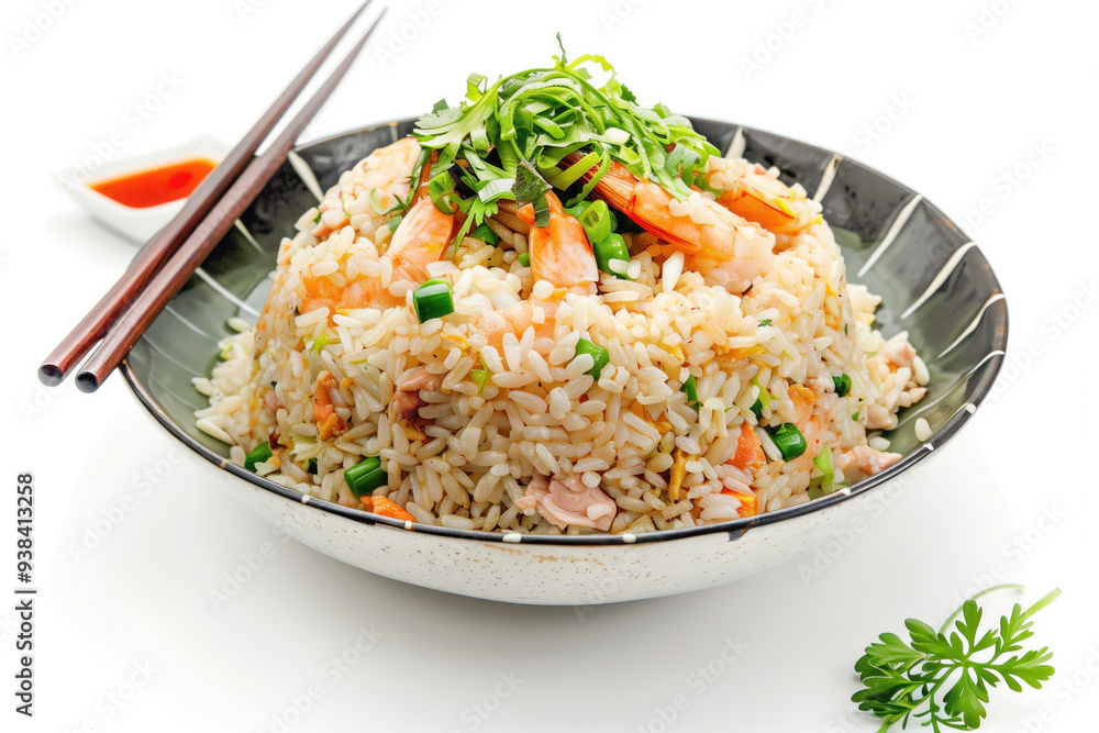 A bowl of rice with shrimp and vegetables A bowl of rice with shrimp and vegetables