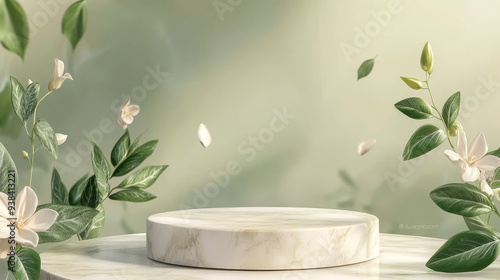 The elegant marble podium contrasts beautifully with the soft, colorful backdrop, creating a refined and fresh presentation space ideal for showcasing beauty products