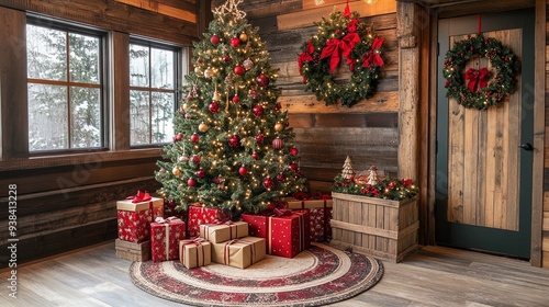 Transform Your Space: Rustic Christmas Charm of a Wooden Cabin with a Decorated Tree and Gift Boxes - Perfect for Holiday Poster Décor!