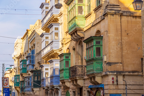 Malta, Valletta. Street scenes. Buildings with many bay windows.