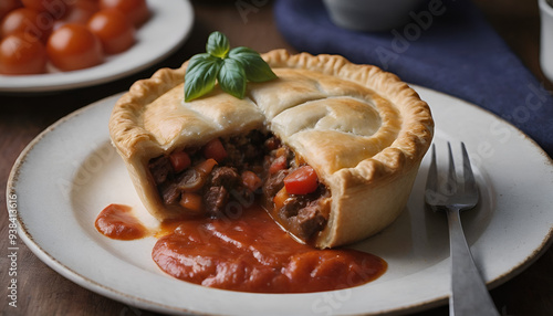 australian meat pie with tomato sauce on a plate photo