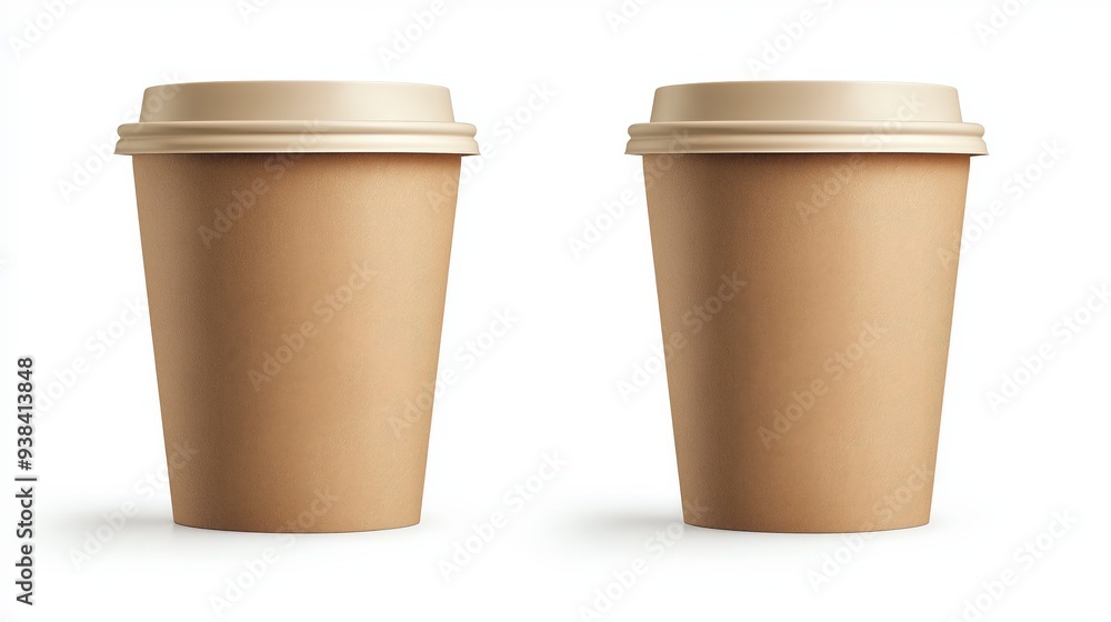 Two brown paper cups with lids on white background. Two brown paper cups with lids on white background.