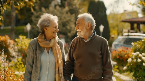 A couple of older people are walking together in a park