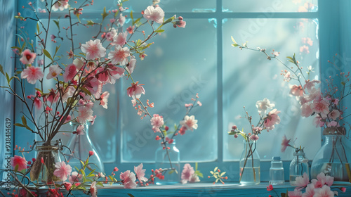 A window with a blue frame and a vase of pink flowers in it