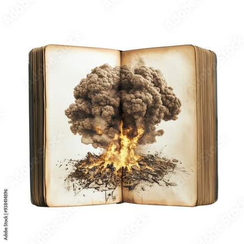 A creative illustration of an open book with a dramatic explosion depicted within its pages photo