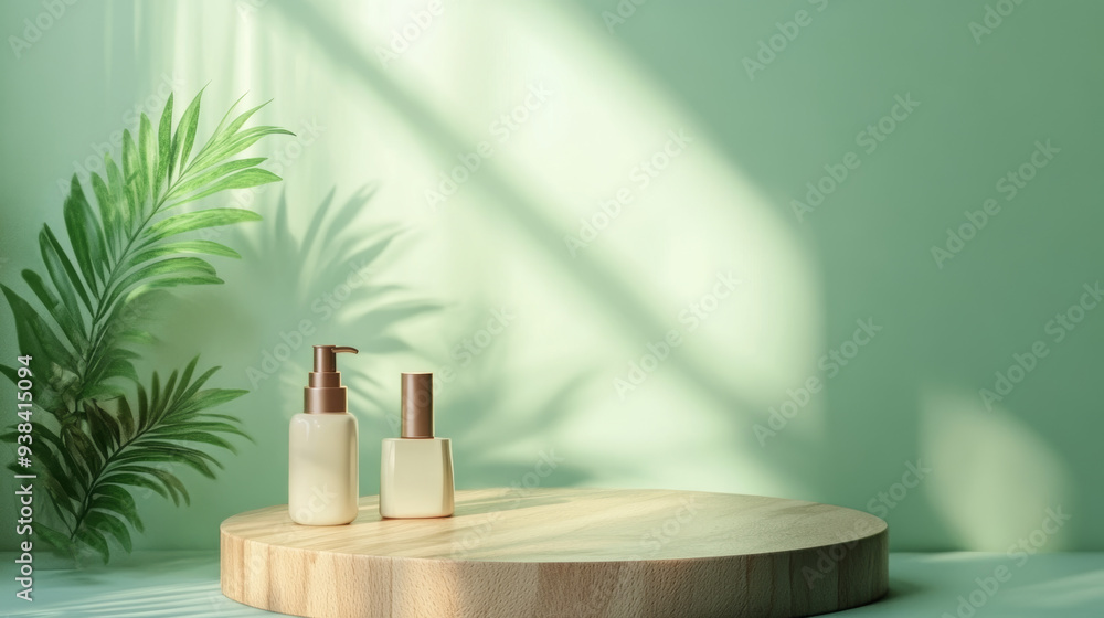 “A wooden stand podium designed for cosmetics and product display, set against an abstract green pastel background. The natural wood finish of the podium contrasts elegantly with the soft, soothing pa “A wooden stand podium designed for cosmetics and product display, set against an abstract green pastel background. The natural wood finish of the podium contrasts elegantly with the soft, soothing pa