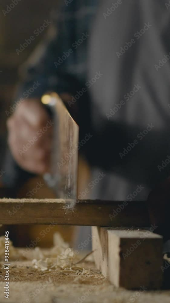 Vertical screen. Woodworking. A carpenter hand saws a board in his cabinet shop. An experienced craftsman works in an authentic carpentry workshop, shaping a board Vertical screen. Woodworking. A carpenter hand saws a board in his cabinet shop. An experienced craftsman works in an authentic carpentry workshop, shaping a board