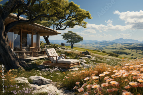 Fototapeta Naklejka Na Ścianę i Meble -  A secluded cabin overlooking a meadow of wildflowers. Concept of peaceful retreat. Generative Ai.