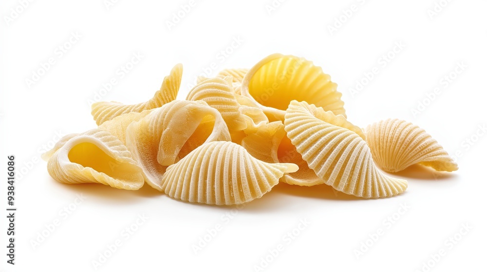A pile of raw conchiglie pasta on a white background. A pile of raw conchiglie pasta on a white background.