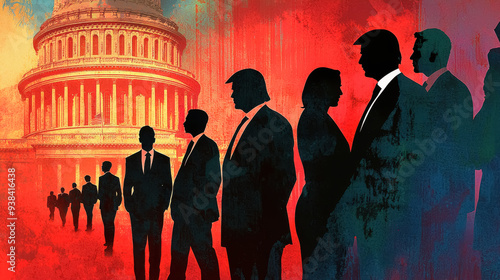 Election Leaders in Silhouette in Front of the Capitol. A vibrant, illustrated scene of silhouetted political figures in suits standing before the U.S. Capitol building.
 photo