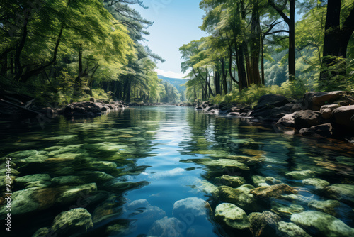 A crystal-clear river running through a dense forest. Concept of natural sanctuary. Generative Ai.