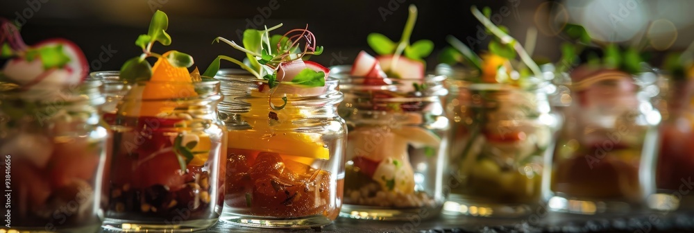 Sophisticated Display of Gourmet Appetizers Presented in Glass Jars Sophisticated Display of Gourmet Appetizers Presented in Glass Jars