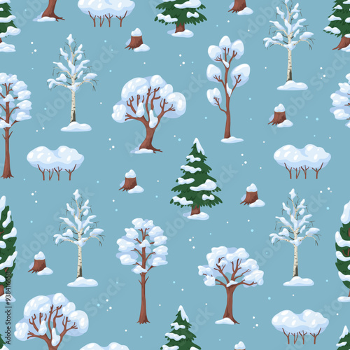 Snow covered trees seamless pattern. Winter forest. Cold season landscape. Repeated print. Snowdrifts and snowy wood branches. Deciduous or coniferous plants. Recent vector background